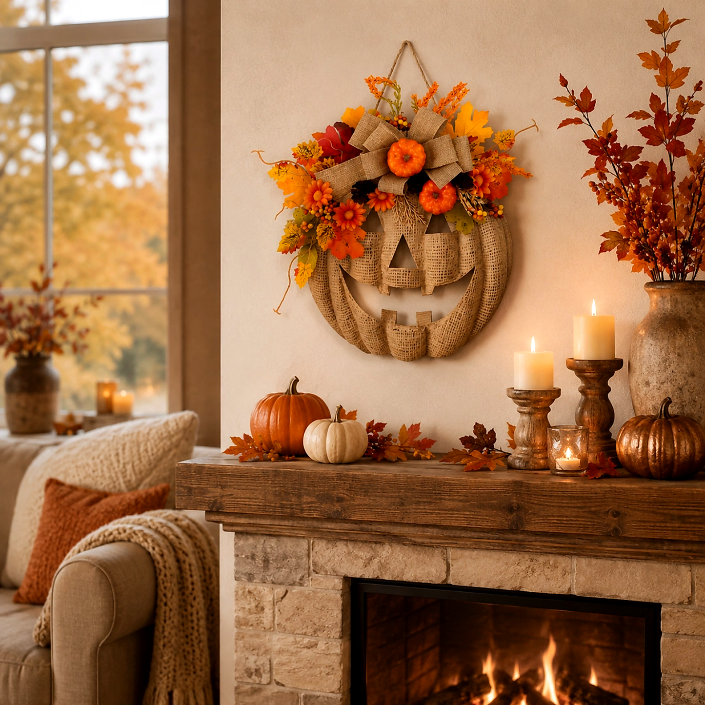 🎃✨ Lighted Burlap Pumpkin Wreath🍂
