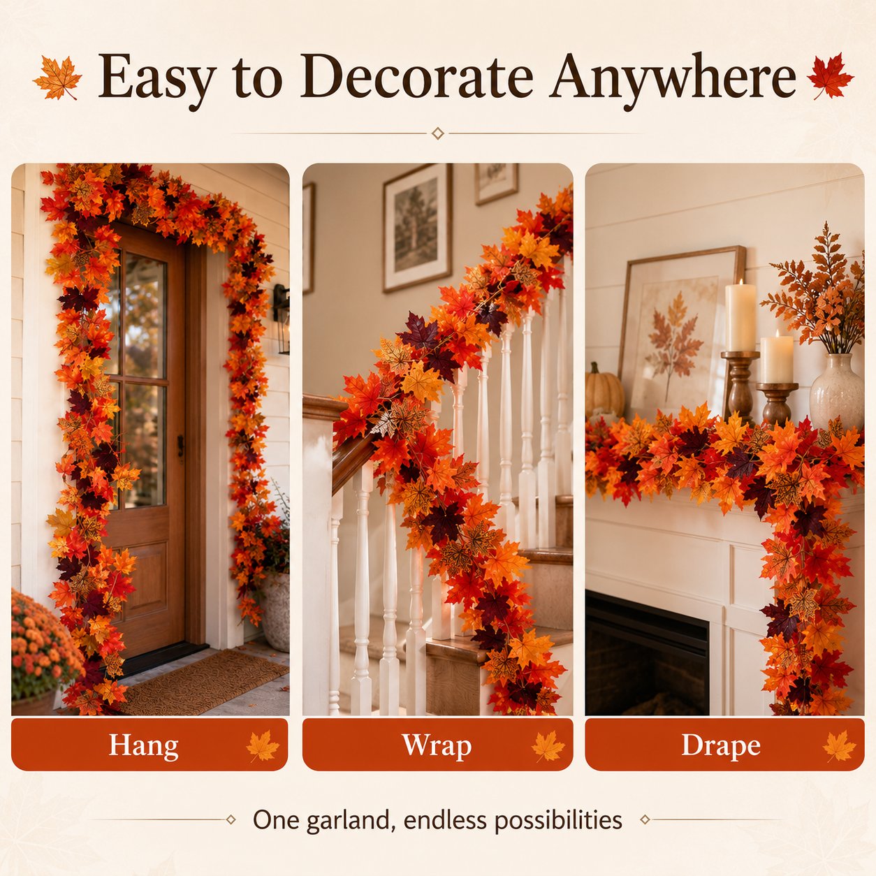 🍁 Artificial Maple Leaf Garland – Fall Autumn Decoration Vine