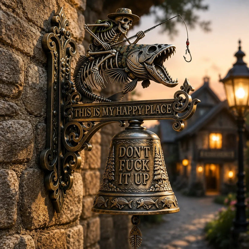 š£ Metal Skeleton Fisherman Wall Bell ā āThis Is My Happy Placeā Outdoor DĆ©cor