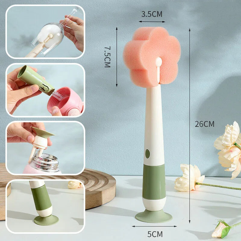 🌸 Long-Handle Flower Dish Brush – 3-in-1 Detachable Set for Cups, Bottles & Nipples