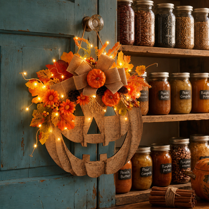 🎃✨ Lighted Burlap Pumpkin Wreath🍂