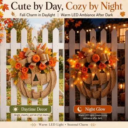 🎃✨ Lighted Burlap Pumpkin Wreath🍂