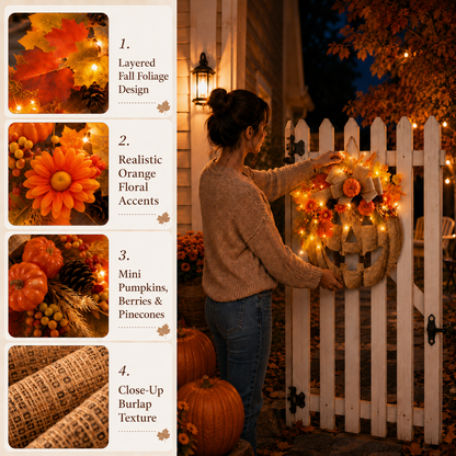 🎃✨ Lighted Burlap Pumpkin Wreath🍂