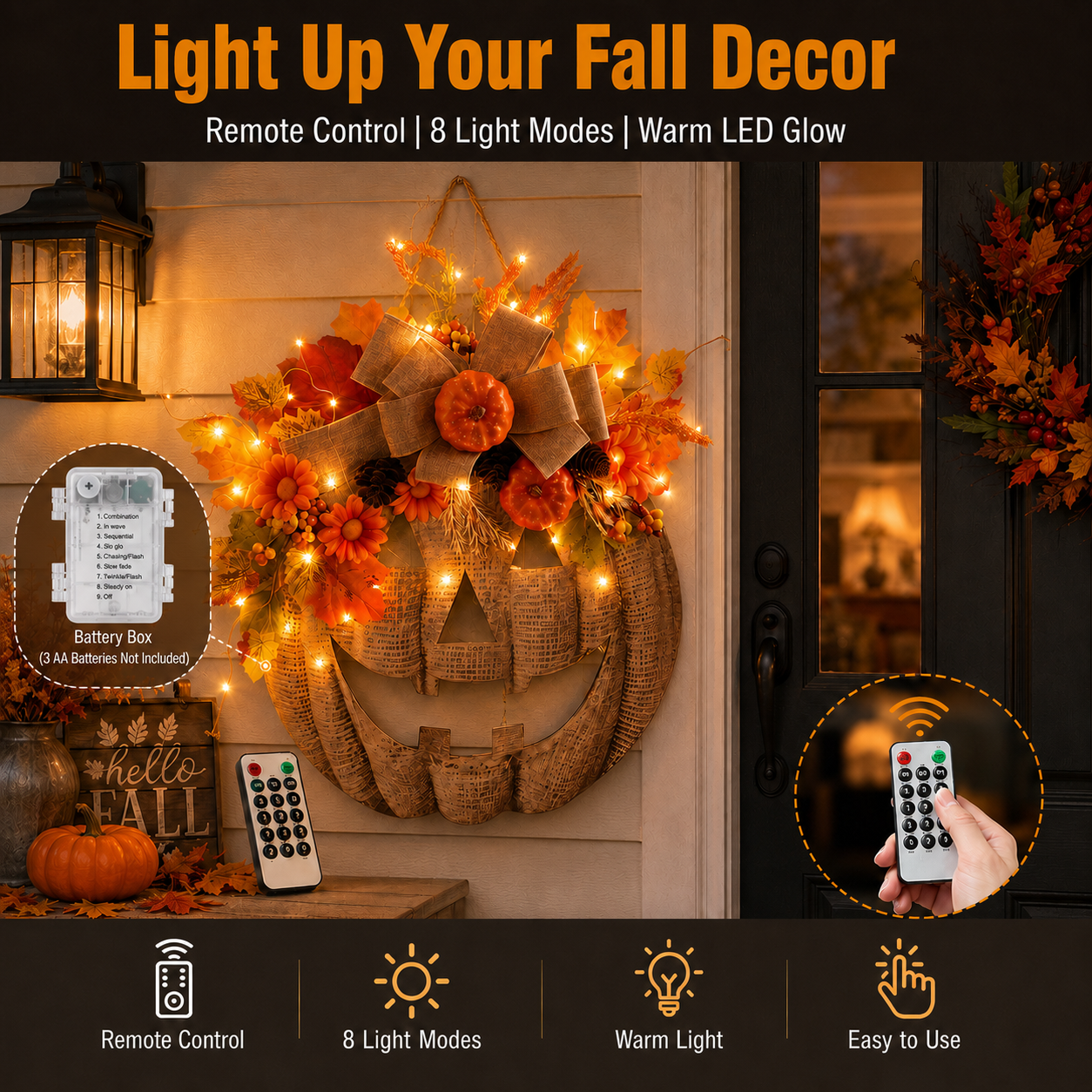 🎃✨ Lighted Burlap Pumpkin Wreath🍂