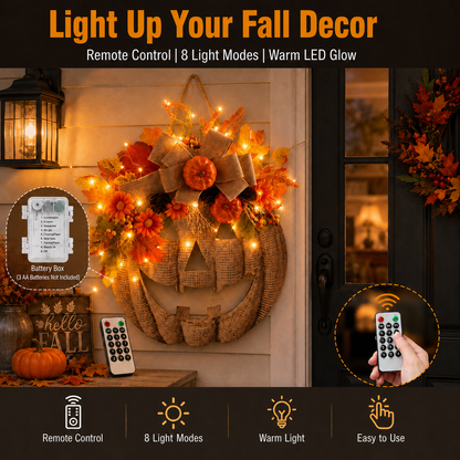 🎃✨ Lighted Burlap Pumpkin Wreath🍂
