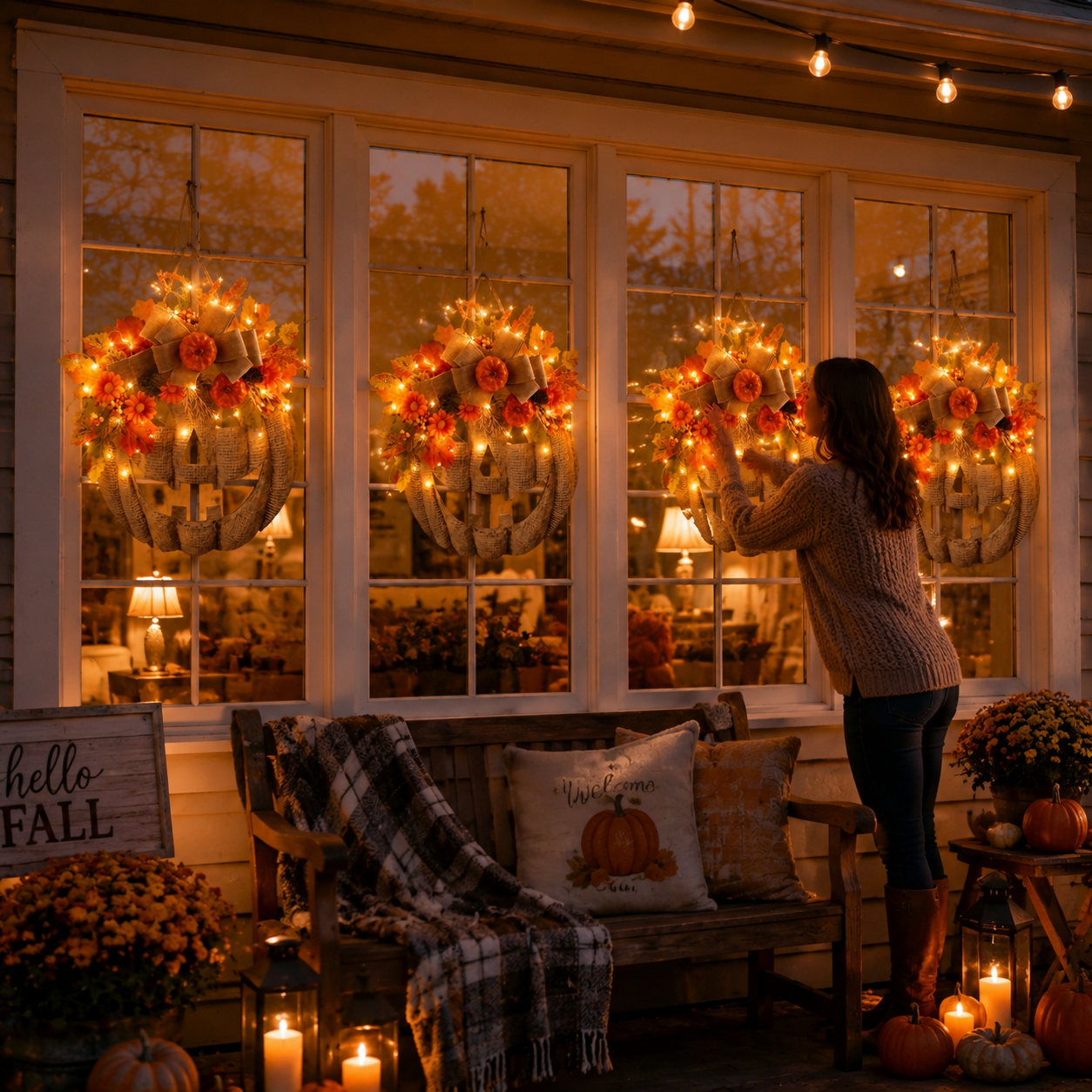 🎃✨ Lighted Burlap Pumpkin Wreath🍂