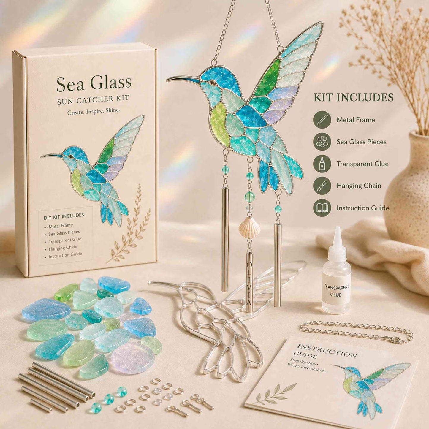 Personalized Coastal Glow Sea Glass Suncatcher Wind Chime Kit Collection, Home Decor, Birthday Gift for Ocean Lovers