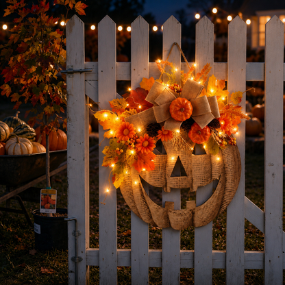🎃✨ Lighted Burlap Pumpkin Wreath🍂