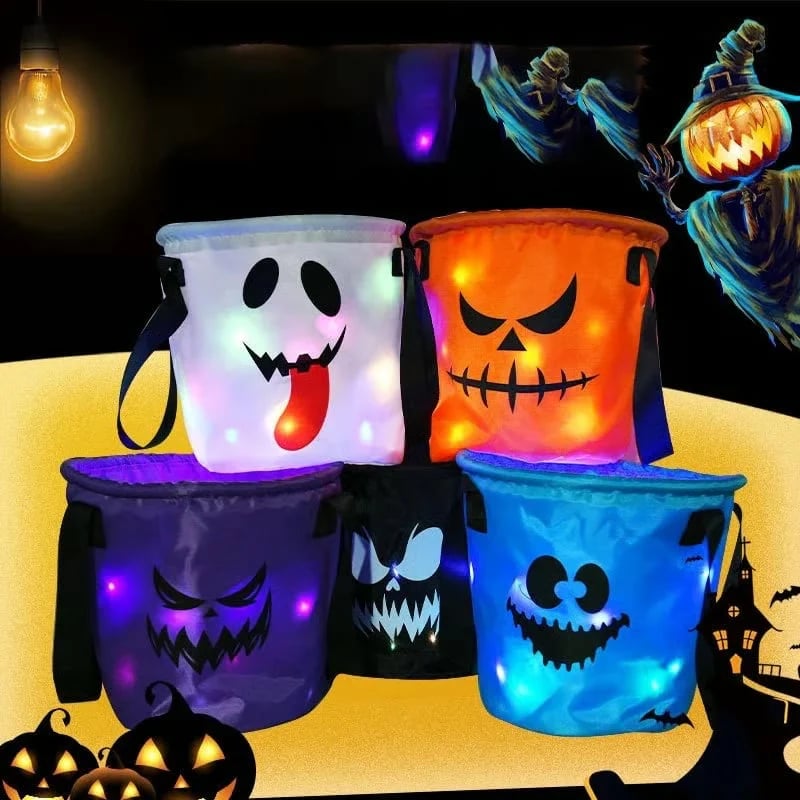👻 Glow-in-the-Dark Halloween LED Candy Basket  Bags🎃5 Pack Pumpkin Trick or Treat Bags with Glow Lights for Kids, Parties & Halloween Decorations