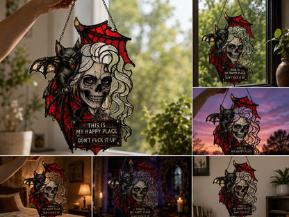 🦇💀Gothic Skull & Bat “My Happy Place” Hanging Art — Mood-Responsive Hair Effect Wall Decor✨