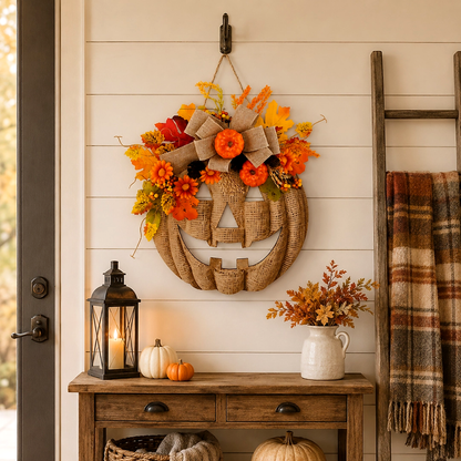 🎃✨ Lighted Burlap Pumpkin Wreath🍂