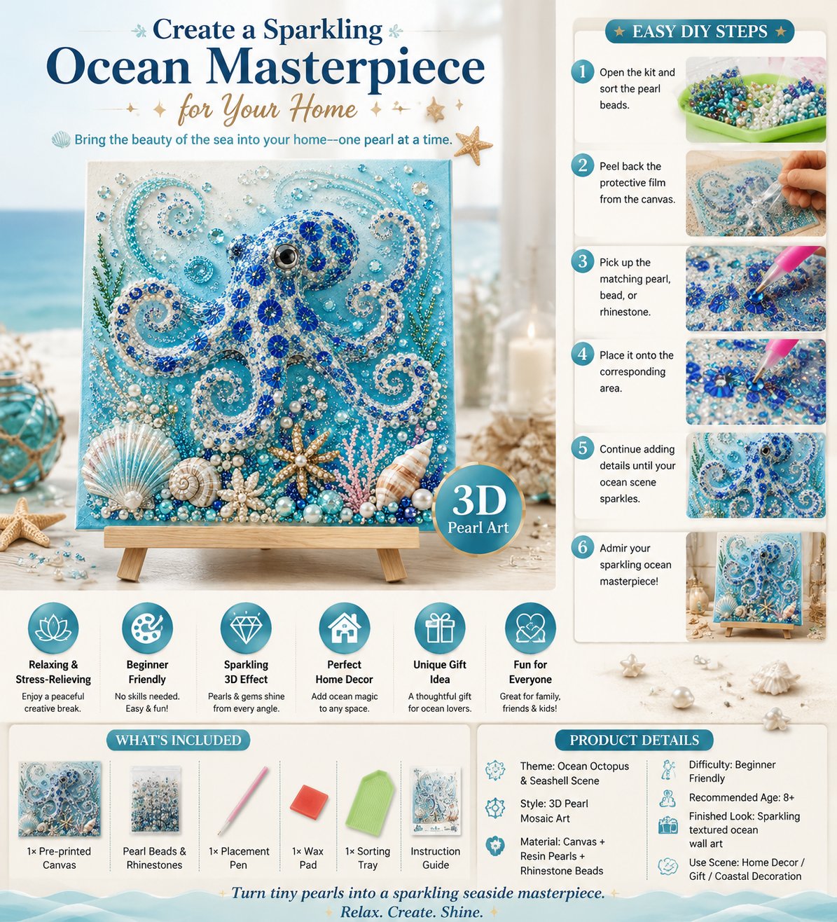 🌊Premium 3D Pearl Ocean Wall Art Kit | Luxury Ocean Theme CanvaAs with Scratch-Resistant Non-Fading Pearl Beads DIY Coastal Decor 🐚✨