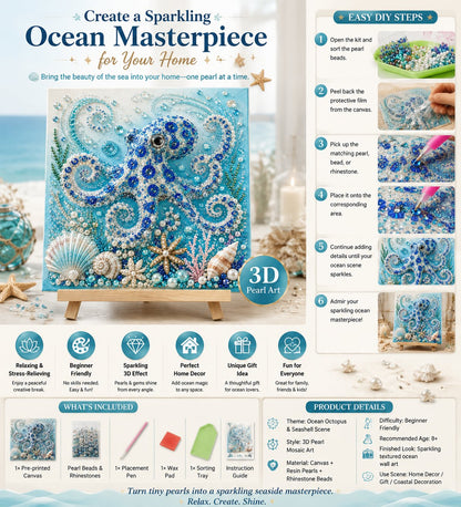 🌊Premium 3D Pearl Ocean Wall Art Kit | Luxury Ocean Theme CanvaAs with Scratch-Resistant Non-Fading Pearl Beads DIY Coastal Decor 🐚✨