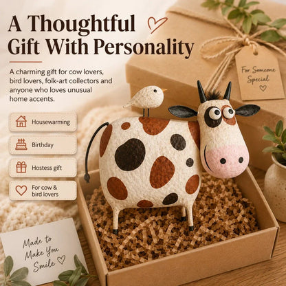 🔥Whimsical Cow & Bird Folk Art Figurine – Rustic Farmhouse Tabletop Decor Gift