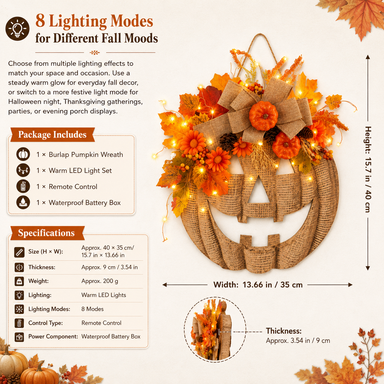 🎃✨ Lighted Burlap Pumpkin Wreath🍂