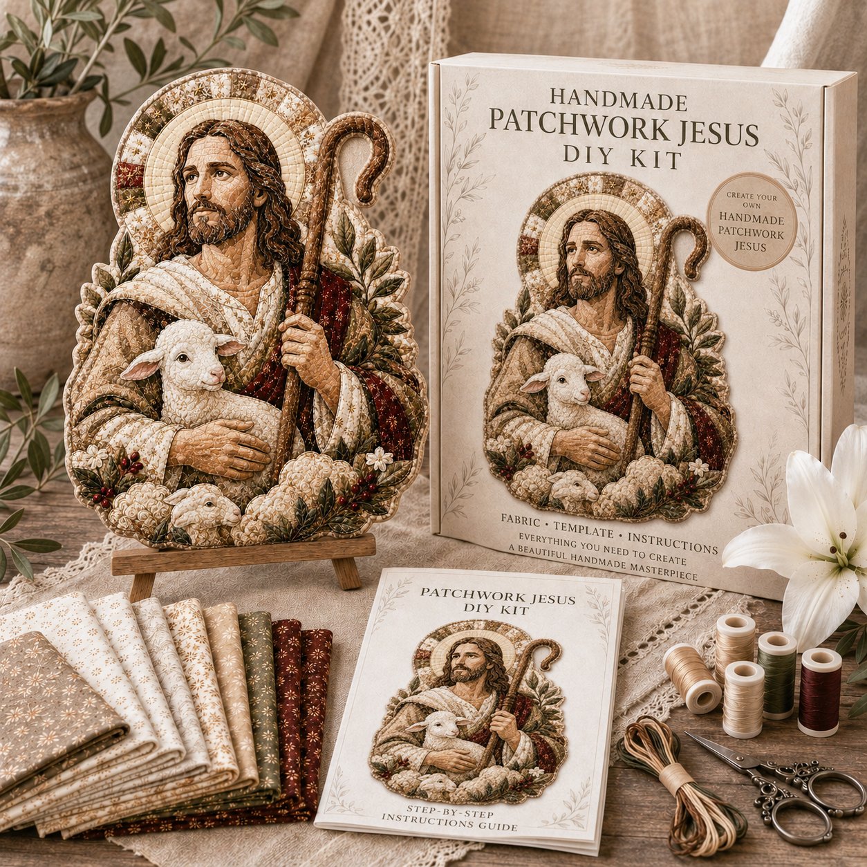 ✝️🧵 Premium Handmade Patchwork Jesus DIY Kit | High-Quality Layered Fabric with Stitched Details DIY Handmade Devotional Decor 🕊️✨