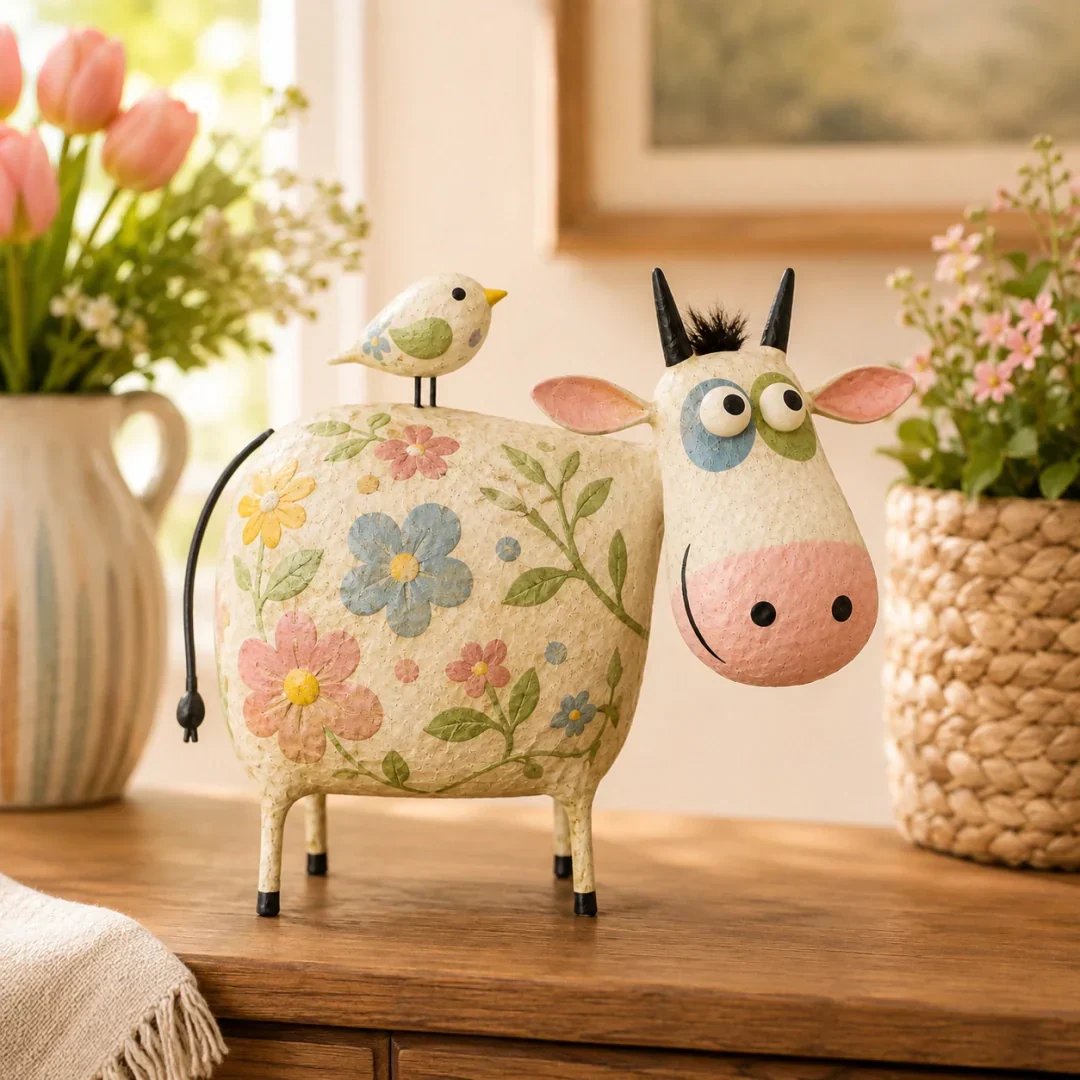 🔥Whimsical Cow & Bird Folk Art Figurine – Rustic Farmhouse Tabletop Decor Gift
