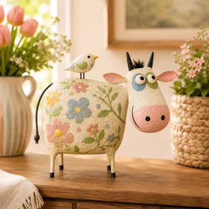 🔥Whimsical Cow & Bird Folk Art Figurine – Rustic Farmhouse Tabletop Decor Gift
