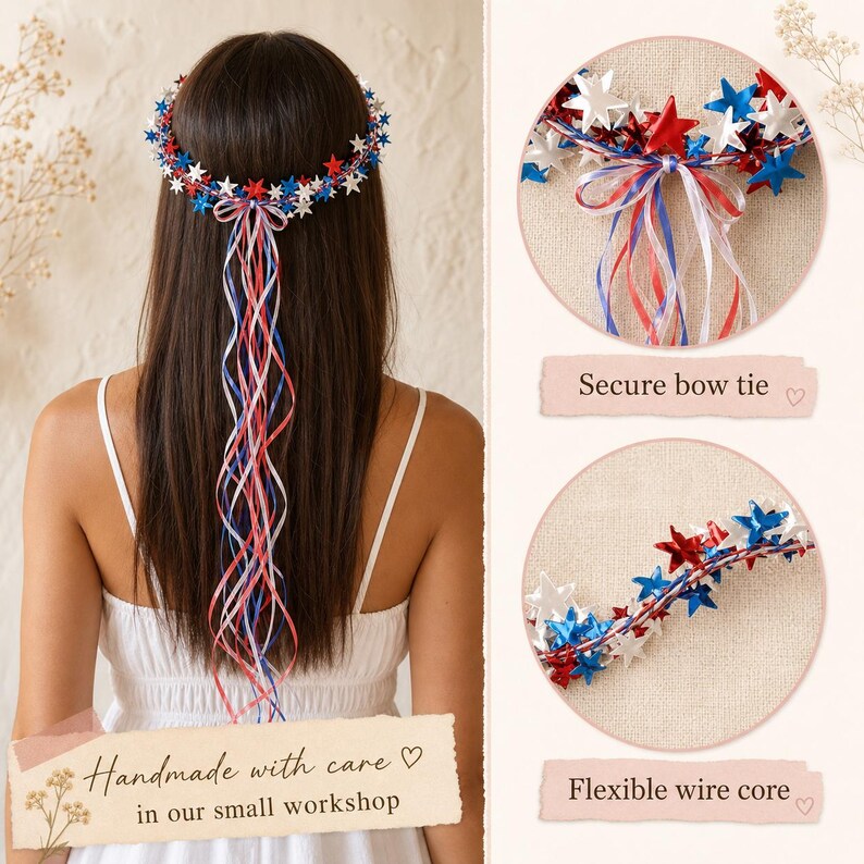 Sparkling Americana Star Crown with Flowing Ribbons 🇺🇸✨ | Patriotic Hair Accessory