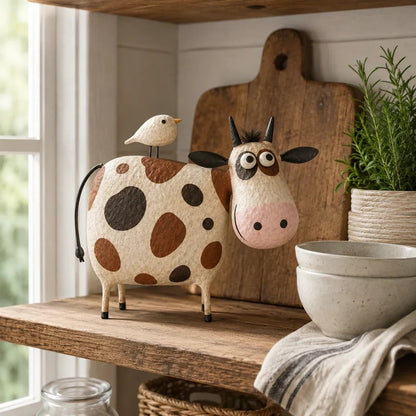 🔥Whimsical Cow & Bird Folk Art Figurine – Rustic Farmhouse Tabletop Decor Gift