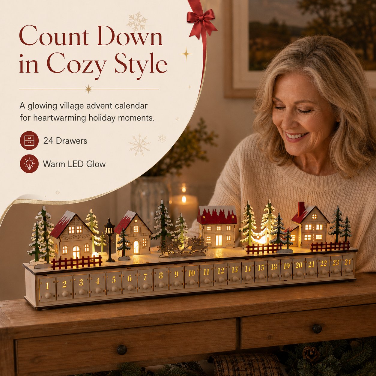 Wooden Village Advent Calendar With Led Glow