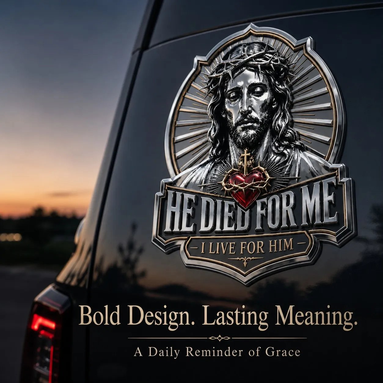 ❤️He Died For Me 3D Metal Emblem ✝️ | Waterproof • No Fade • No Rust • Adhesive & Magnetic (2-in-1) 🧲