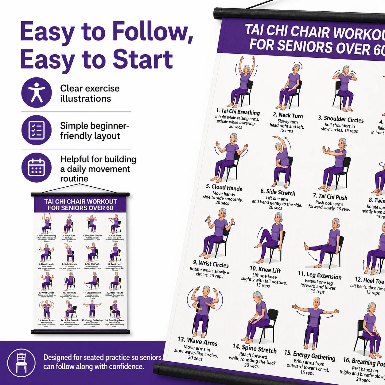⭐Tai Chi Chair Workout Chart for Seniors (16 x 24 inches)