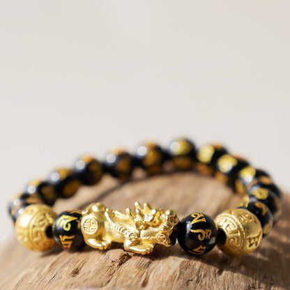 Black Onyx Om Mani Padme Hum Beads Pixiu Bracelet