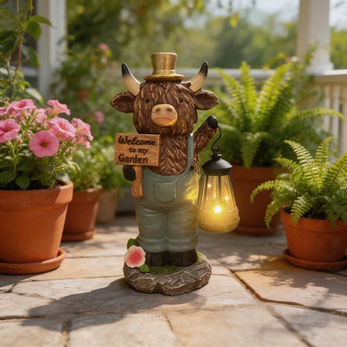 Handcrafted Highland Cow Solar Lantern Statue