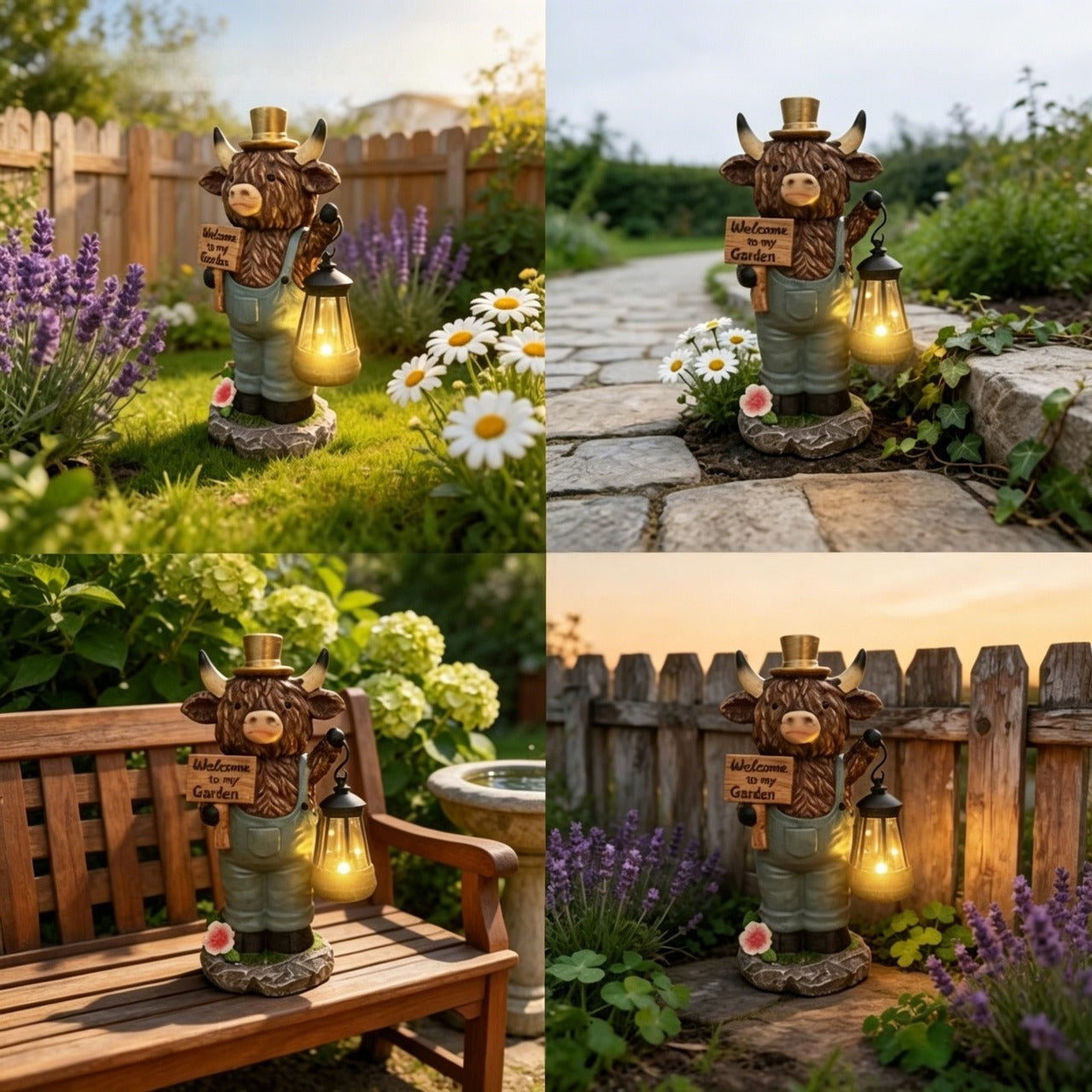 Handcrafted Highland Cow Solar Lantern Statue