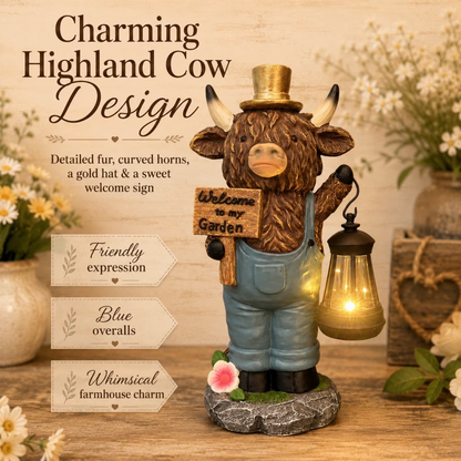 Handcrafted Highland Cow Solar Lantern Statue