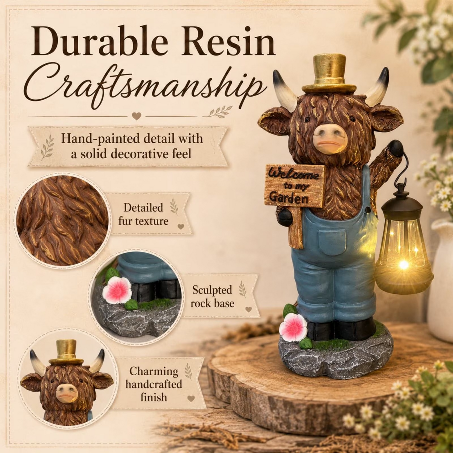 Handcrafted Highland Cow Solar Lantern Statue