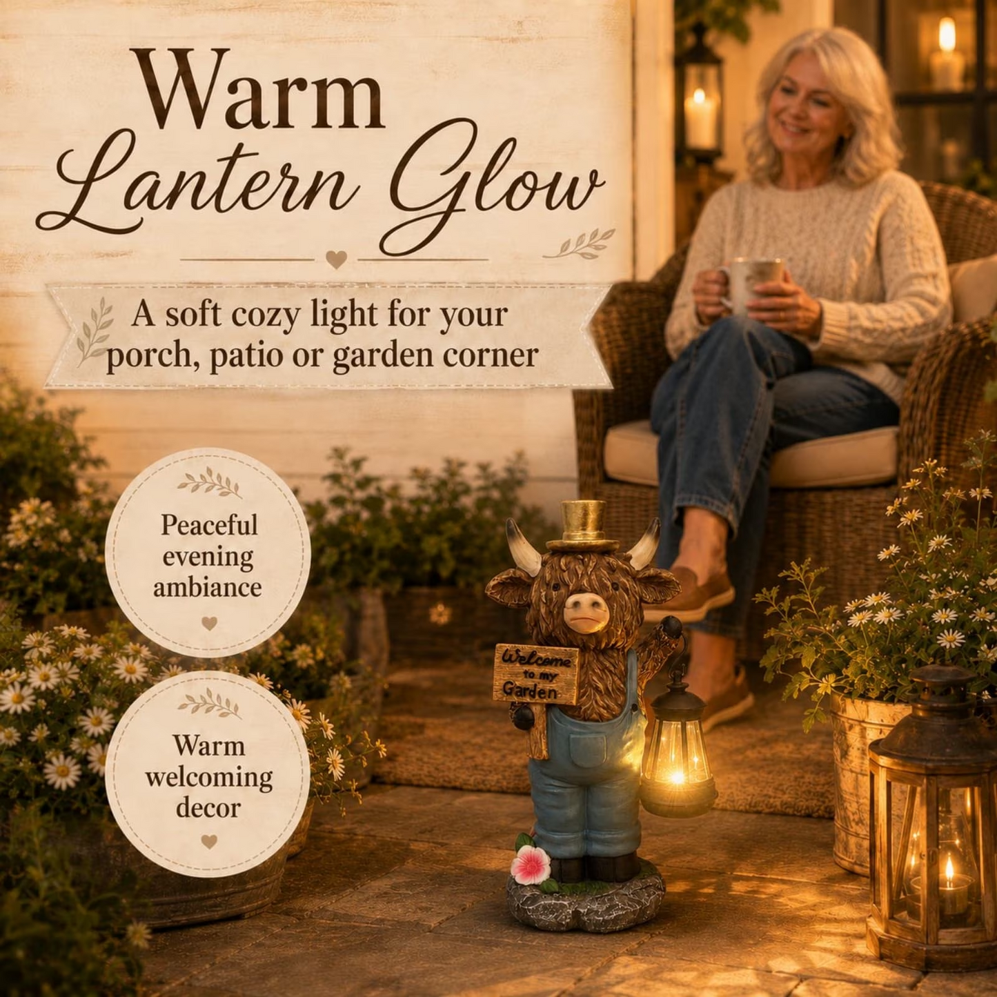 Handcrafted Highland Cow Solar Lantern Statue