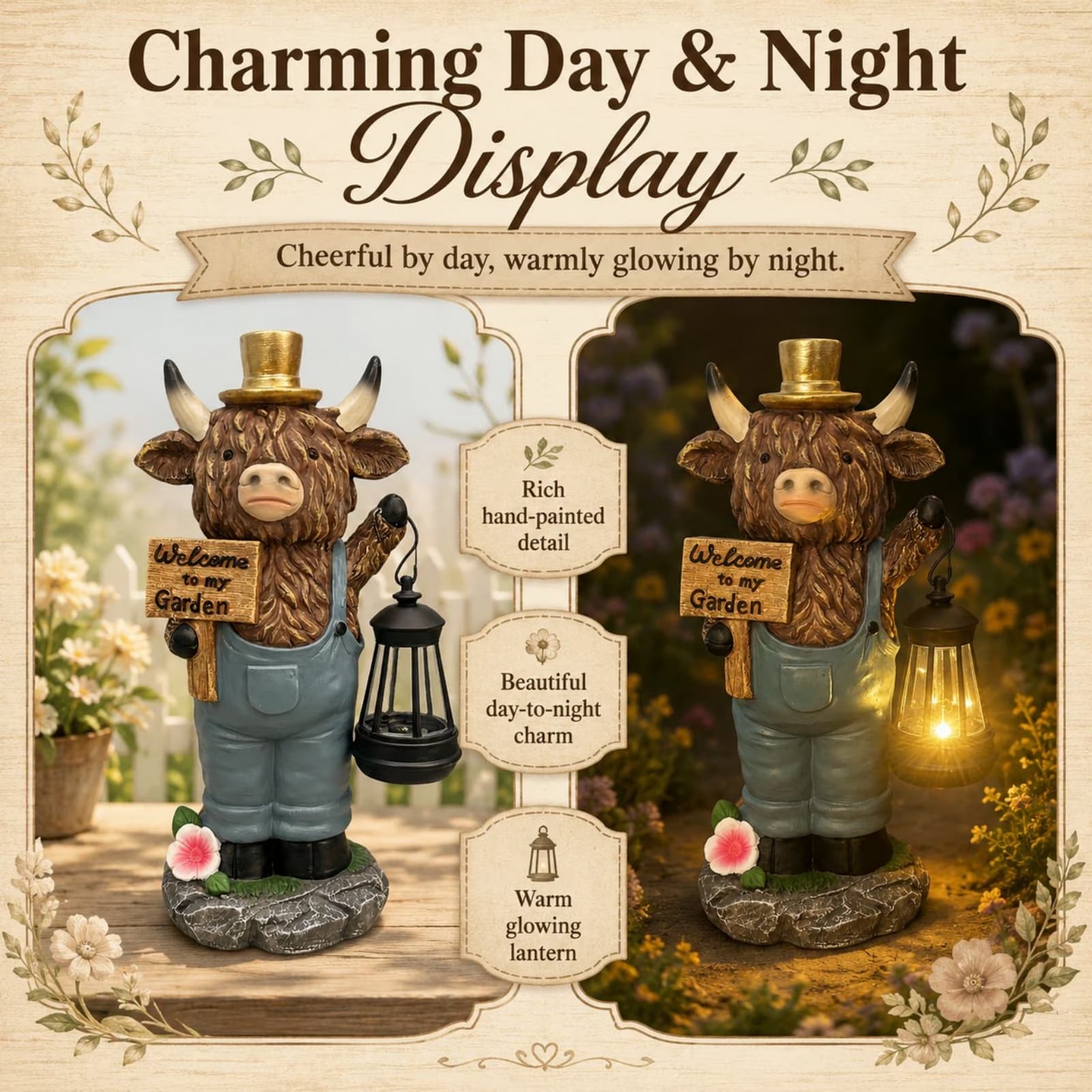 Handcrafted Highland Cow Solar Lantern Statue
