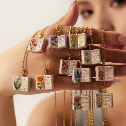 🌺Buddha Stones Copper Birth Flower Strengthen Book Design Balance Pendant Necklace🌼