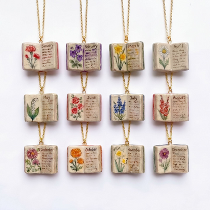 🌺Buddha Stones Copper Birth Flower Strengthen Book Design Balance Pendant Necklace🌼