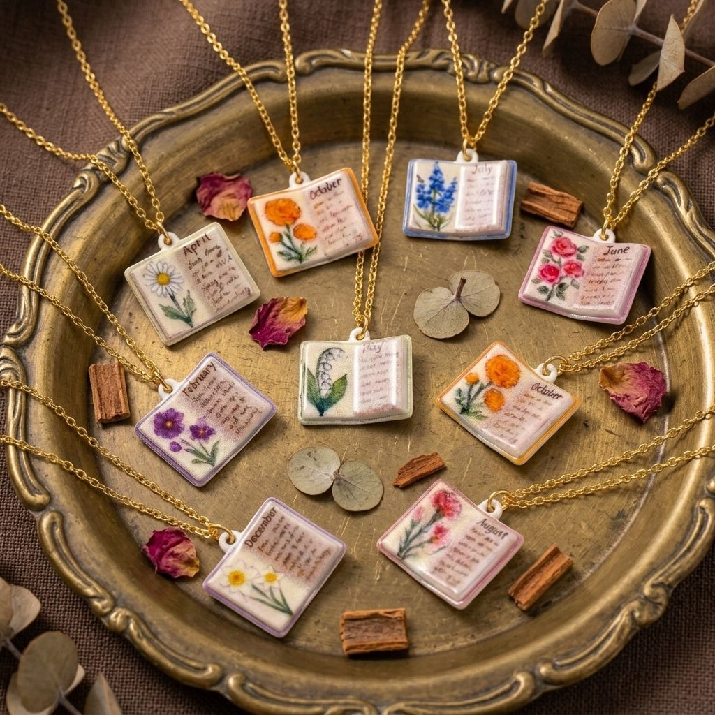 🌺Buddha Stones Copper Birth Flower Strengthen Book Design Balance Pendant Necklace🌼