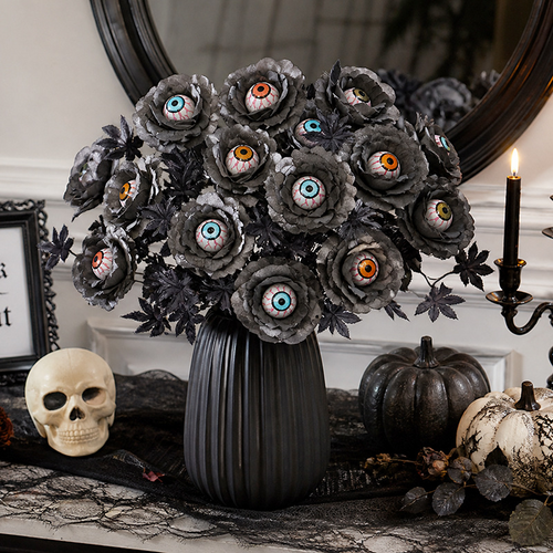 👁️Halloween Eyeball Black Rose Bouquet, Spooky Artificial Flower Arrangement, Gothic Halloween Table Decor