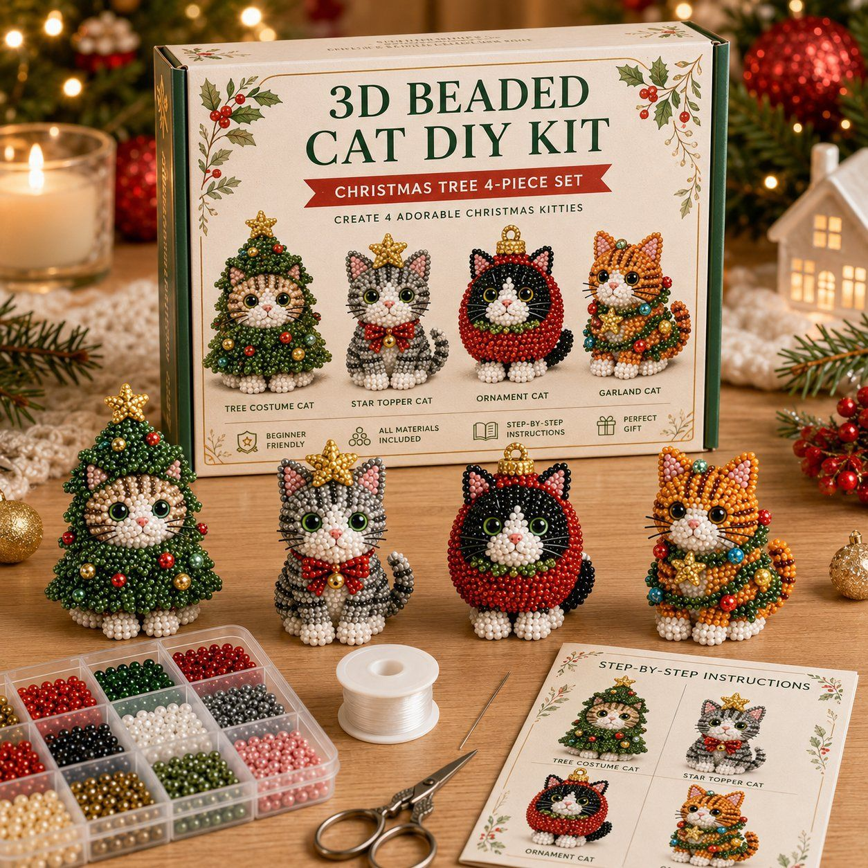 🔥🎁Create Your Own 3D Beaded Christmas Cats | Beginner-Friendly DIY Kit🎁