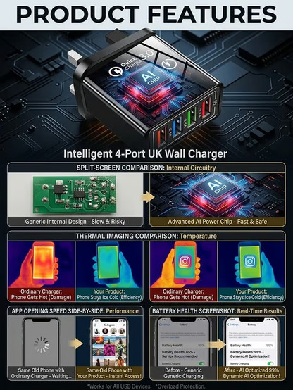 ⚡️Secret to Faster Phone Performance⚡️Four-Port Travel Charger for Extended Phone Battery Life