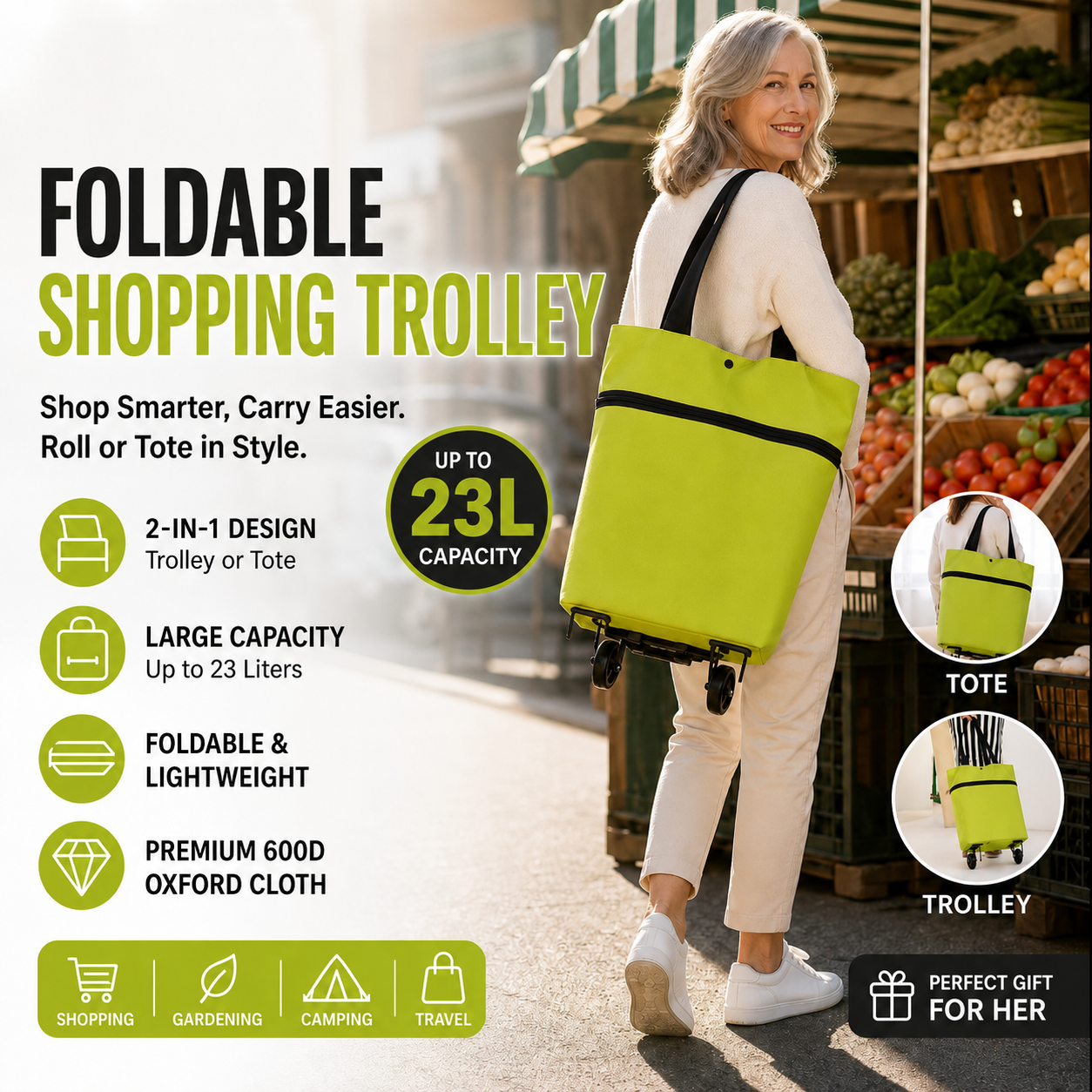 🛒2-in-1 Foldable Shopping Trolley – Sturdy Shopping Bag on Wheels for Supermarket, Market & Travel