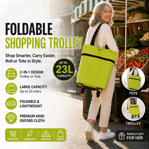 🛒2-in-1 Foldable Shopping Trolley – Sturdy Shopping Bag on Wheels for Supermarket, Market & Travel