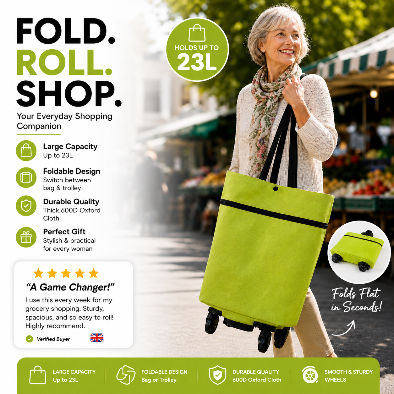 🛒2-in-1 Foldable Shopping Trolley – Sturdy Shopping Bag on Wheels for Supermarket, Market & Travel