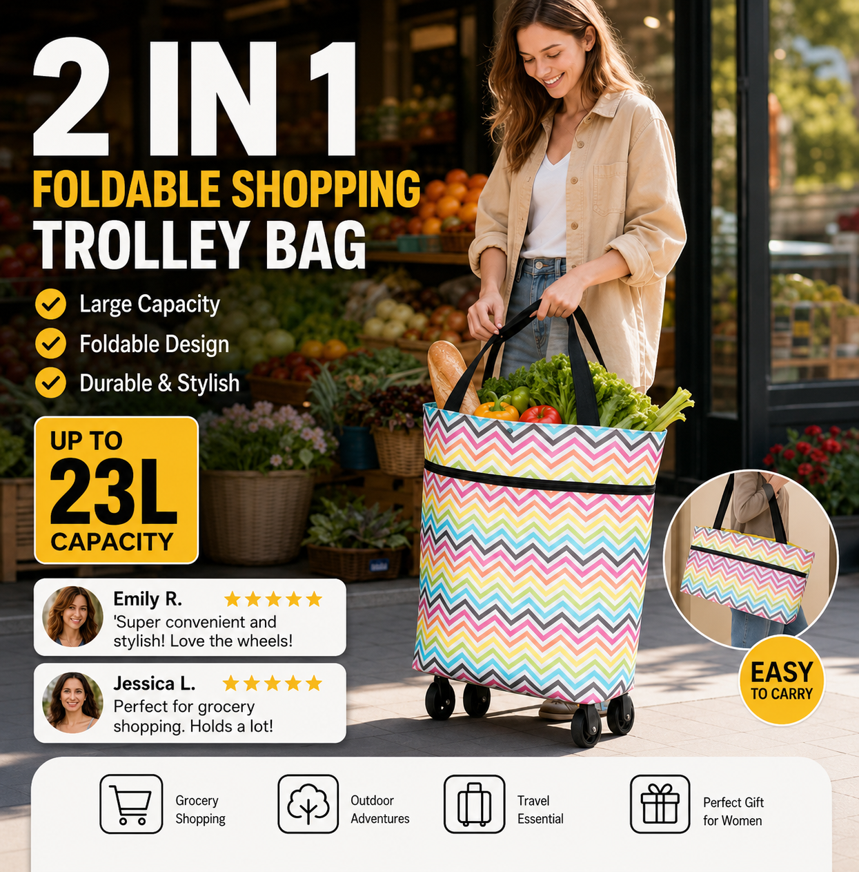 🛒2-in-1 Foldable Shopping Trolley – Sturdy Shopping Bag on Wheels for Supermarket, Market & Travel