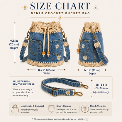 💥SAVE 33%👖 Denim Crochet Drawstring Bucket Bag, Vintage Daisy Crossbody Shoulder Bag For Women