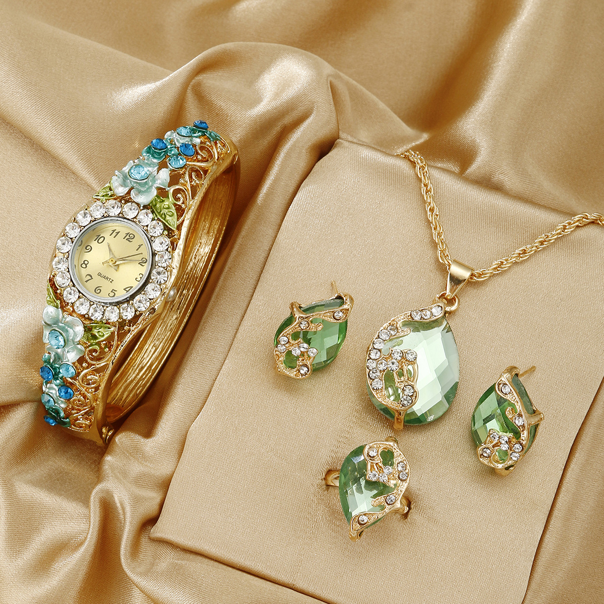 Elegant Floral Crystal Watch & Matching Jewelry Set for Women