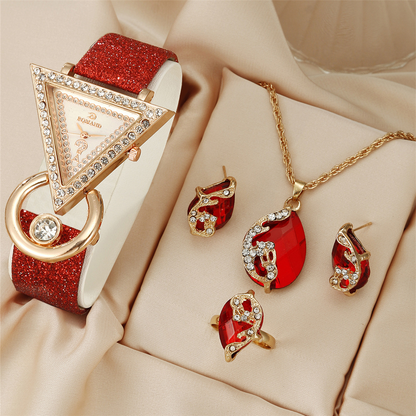 Elegant Floral Crystal Watch & Matching Jewelry Set for Women