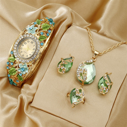 Elegant Floral Crystal Watch & Matching Jewelry Set for Women