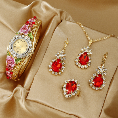 Elegant Floral Crystal Watch & Matching Jewelry Set for Women