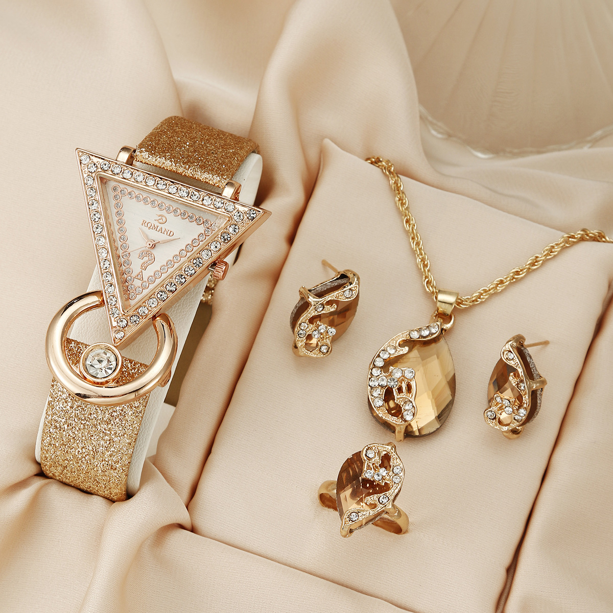 Elegant Floral Crystal Watch & Matching Jewelry Set for Women